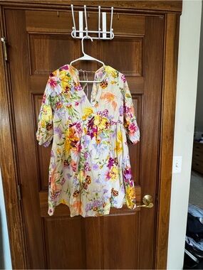H&M Cream Floral Summer Dress with Orange & Purple Blooms